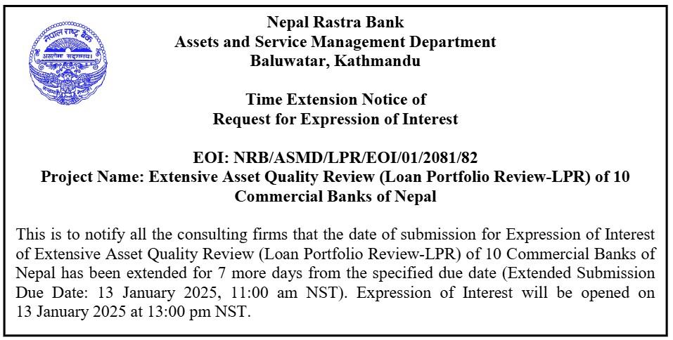 Deadline Extended for Submission of Proposals to Evaluate Loan Portfolio of 10 Commercial Banks